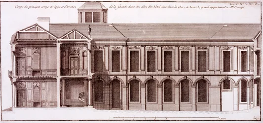 Facade af en del af Monsieur Crozats hus, Place Louis le Grand, Paris, fra "Architecture Francoise" af Jacques-Francois Blondel, 1727